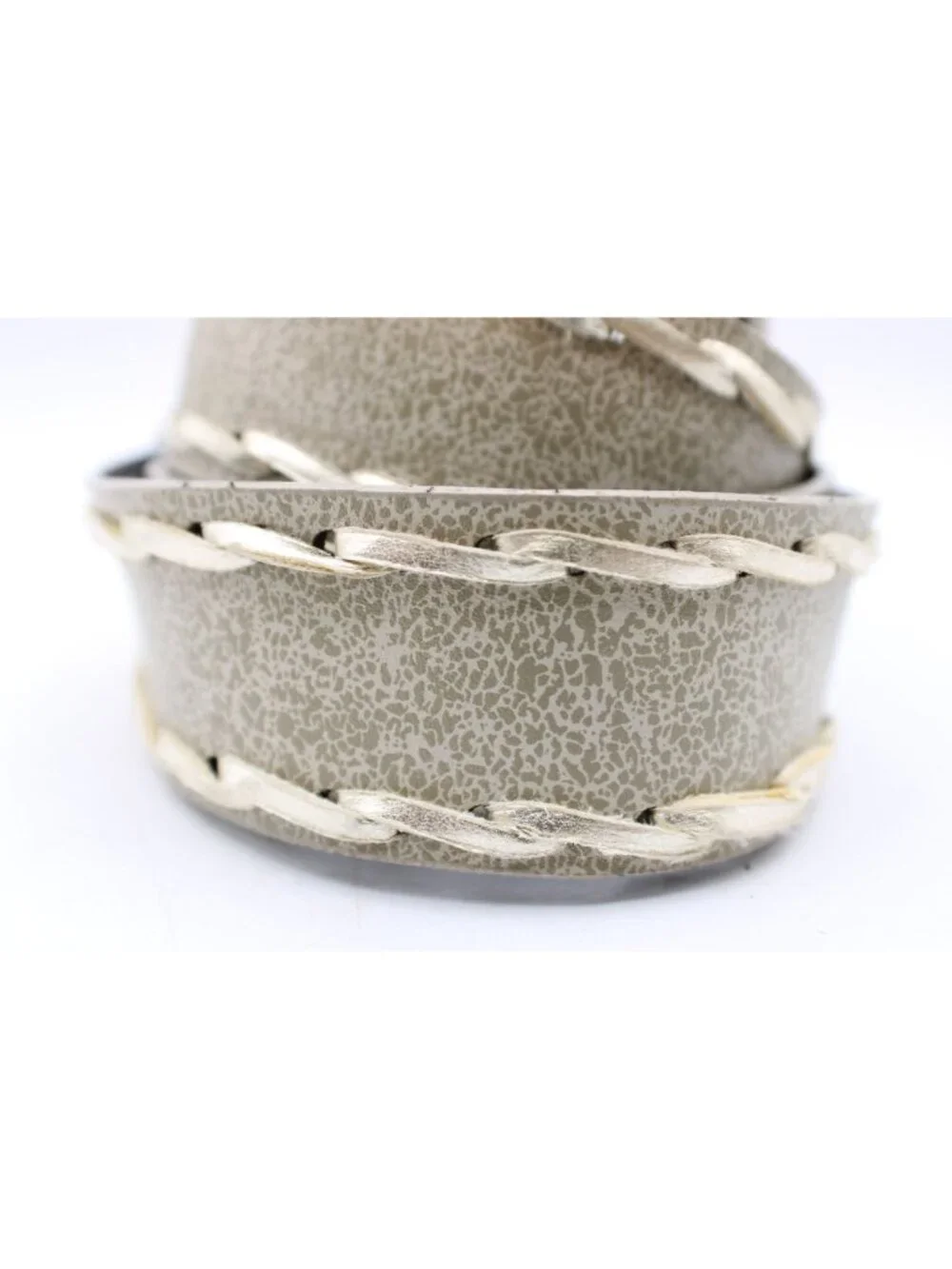 Wide Faux Leather Belt 22W Taupe Gray Minor Metallic Braid Trim Silver Hardware